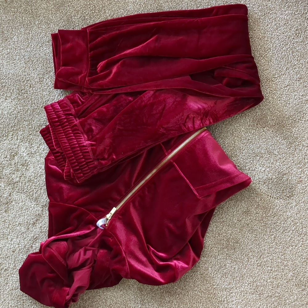 Fabletics Red Velour Jumpsuit - Zip Up Hoodie and Joggers Set